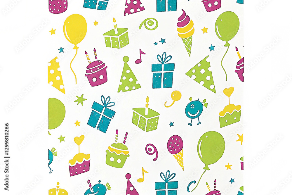 Colorful birthday party seamless pattern with presents, balloons, cupcakes, ice cream, and party hats. Colorful birthday party seamless pattern with presents, balloons, cupcakes, ice cream, and party hats.