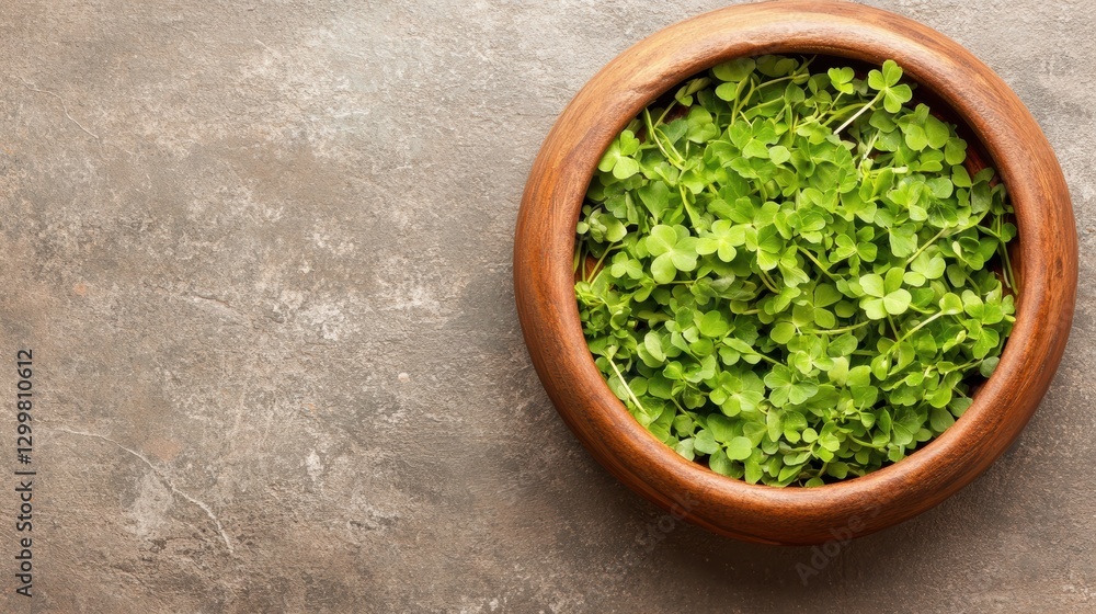 Fresh Green Clover in Wooden Bowl on Rustic Stone Background Fresh Green Clover in Wooden Bowl on Rustic Stone Background