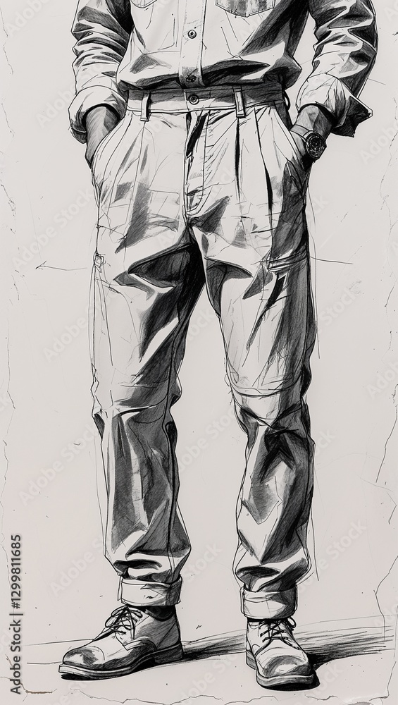 Sketch of relaxed linen work pants on a plain white background Sketch of relaxed linen work pants on a plain white background