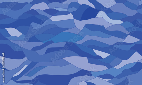 Blue cracks texture with stained glass tiffany effect. Multicolored mosaic glued together pieces of different shades in the form of stylized sea waves. Elegant seamless broken background. Vector