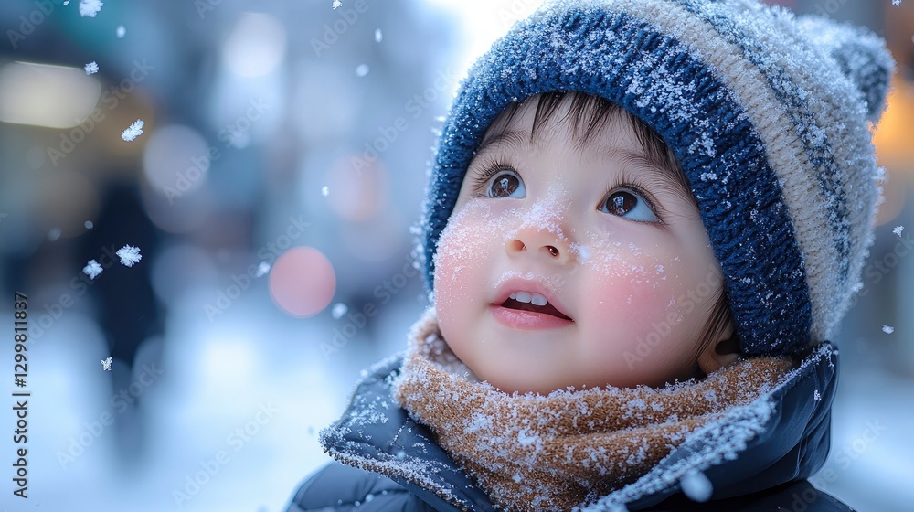 Child experiencing first snow, pure wonder on face, rosy cheeks, snowflakes catching in eyelashes Child experiencing first snow, pure wonder on face, rosy cheeks, snowflakes catching in eyelashes