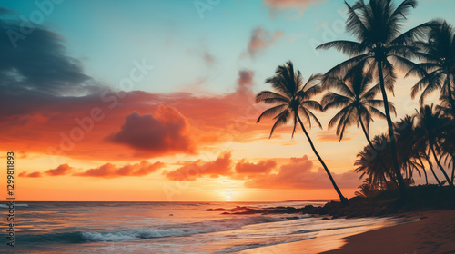 Silhouetted palm trees standing tall on a serene tropical beach at sunset with modern vintage color palette.