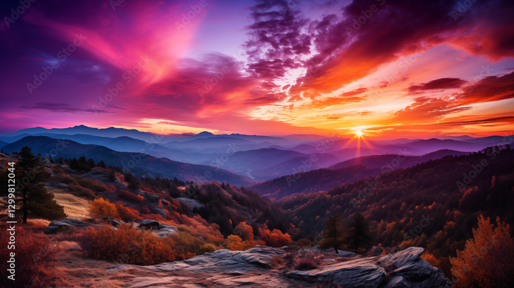 Obraz premium Amazing mountain landscape with colorful vivid sunset. Sunset in summer mountains