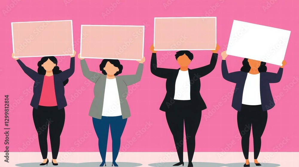 Fototapeta premium Diverse Group of Animated Characters Holding Blank Signs in Front of Pink Background