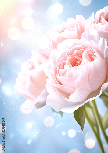 Bouquet of pink flowers with a blue background. The flowers are arranged in a way that they are almost touching each other, creating a sense of unity and harmony. The blue background adds a calming