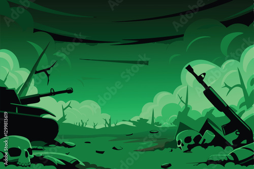 A desolate battlefield strewn with broken swords, shattered shields, and the skeletal remains of fallen soldiers.