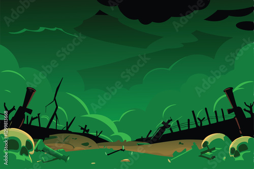 A grim, post-battle scene; a battlefield strewn with shattered weapons and the skeletal remains of fallen soldiers.