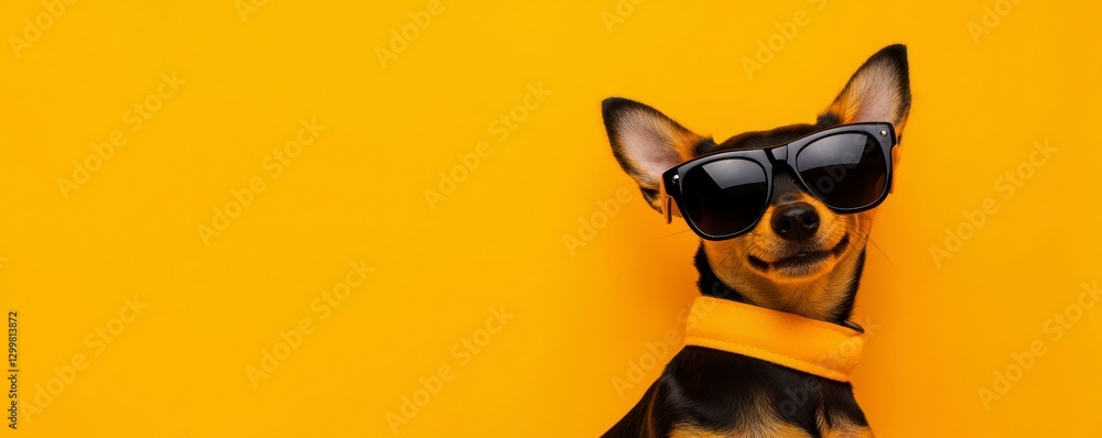 Cool Dog with Sunglasses and Yellow Collar Standing out on Vibrant Golden Background Image Cool Dog with Sunglasses and Yellow Collar Standing out on Vibrant Golden Background Image