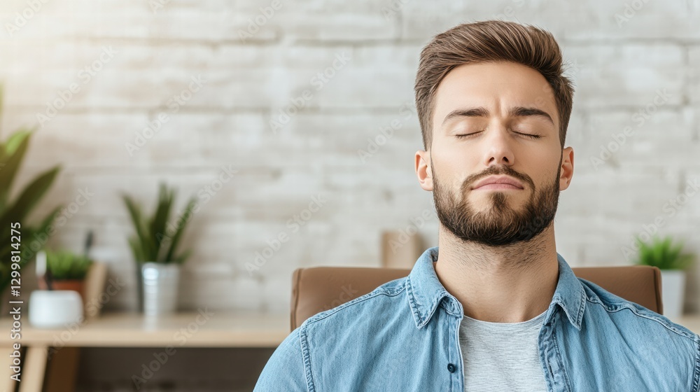 Obraz premium Professional Man Meditating at Desk with Eyes Closed in Modern Office Environment with Plants