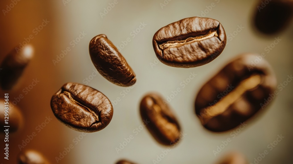 Falling Coffee Beans in Midair Against Soft Background Falling Coffee Beans in Midair Against Soft Background