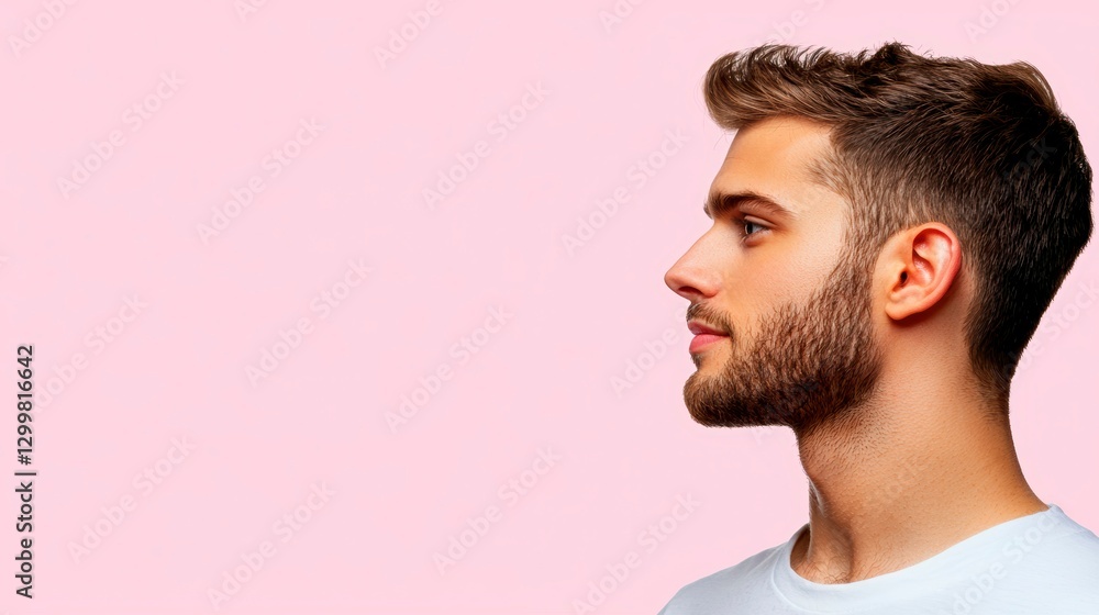 Obraz premium Profile Portrait of a Young Man with Short Brown Hair and Beard