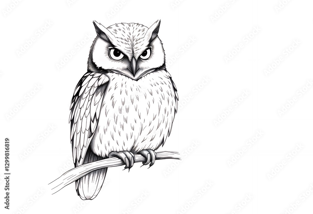 Fototapeta premium Owl Perched on Branch Illustration in Black and White Style