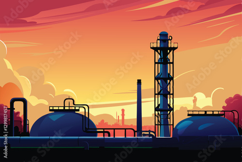 A sprawling industrial chemical plant, showcasing massive storage tanks, complex pipeline networks, and ancillary structures.