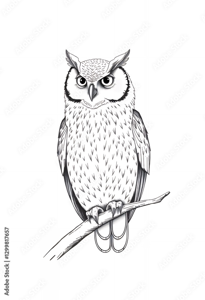 Fototapeta premium Detailed Owl Perched on Branch Illustration in Black and White