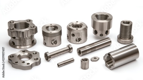 Precision-machined metal parts, various sizes and shapes. Illustrates high-quality engineering components for industrial use.