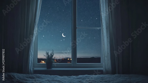 Tranquil Night Sky Visible Through Cozy Window with Moon and Stars