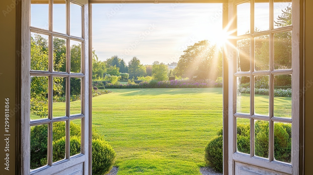 Fototapeta premium Bright Morning Light Through Open Windows Overlooking Vibrant Garden