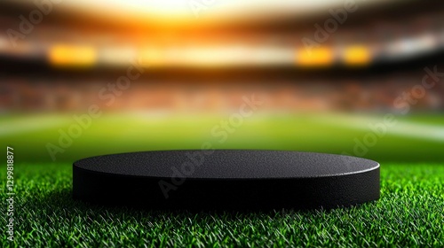 Product display stage on lush grass with stadium background for advertising and marketing mockup