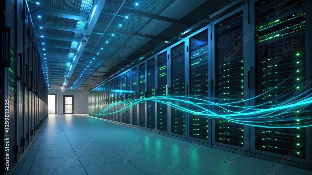 Fototapeta premium High-tech server room abundant with multiple servers showcasing advanced data management systems