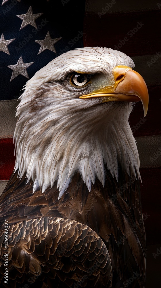 Fototapeta premium American Bald Eagle Portrait Against Flag Background