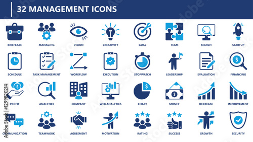 Management icons collection featuring leadership, teamwork, workflow, task management, analytics, goal setting, execution, profit growth, and communication.
