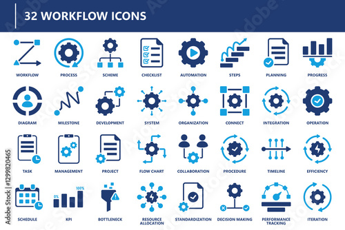 Workflow process icon collection featuring automation, task management, project planning, system development, collaboration, integration, and efficiency.