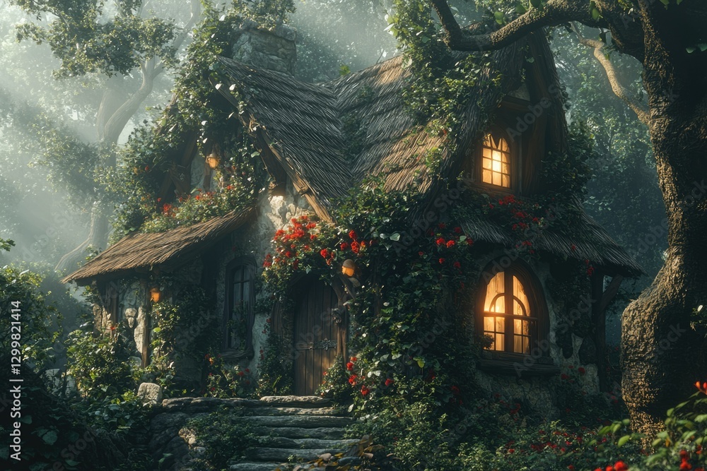Fototapeta premium Enchanted cottage nestled in a mystical forest, glowing warmly with inviting lights.