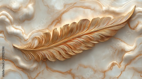 Gold Feather on Marble Swirl Backdrop