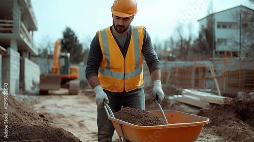 A photo of an Eastern European male groundworker, wearing a reflective vest, helmet, and safety gloves, shoveling dirt into a wheelbarrow. He is standing on a construction site, with a determined look