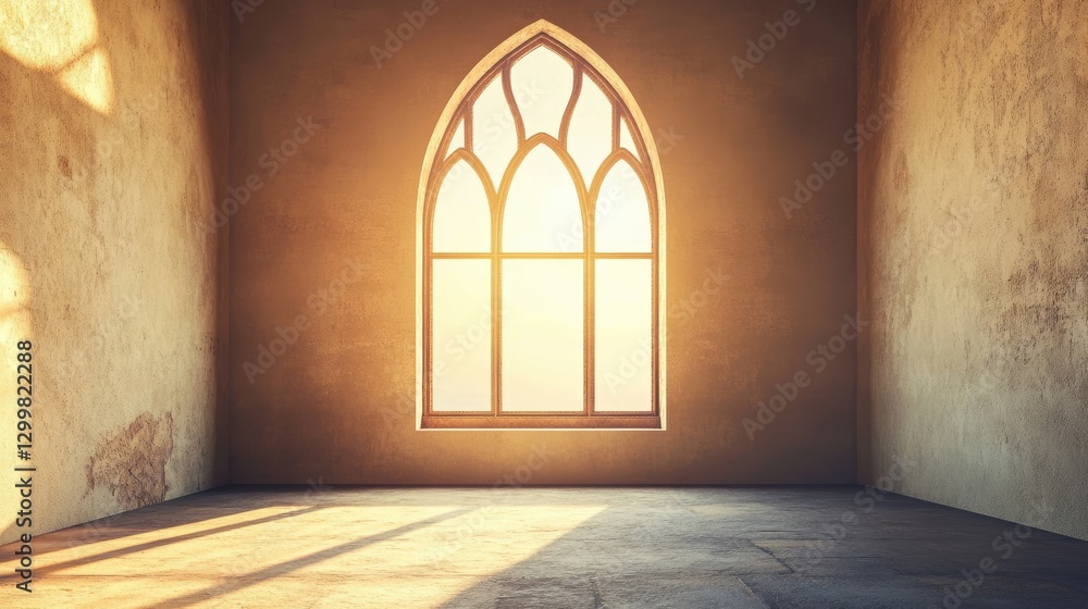Fototapeta premium Sunlit Empty Room with Gothic Window and Textured Wall Design