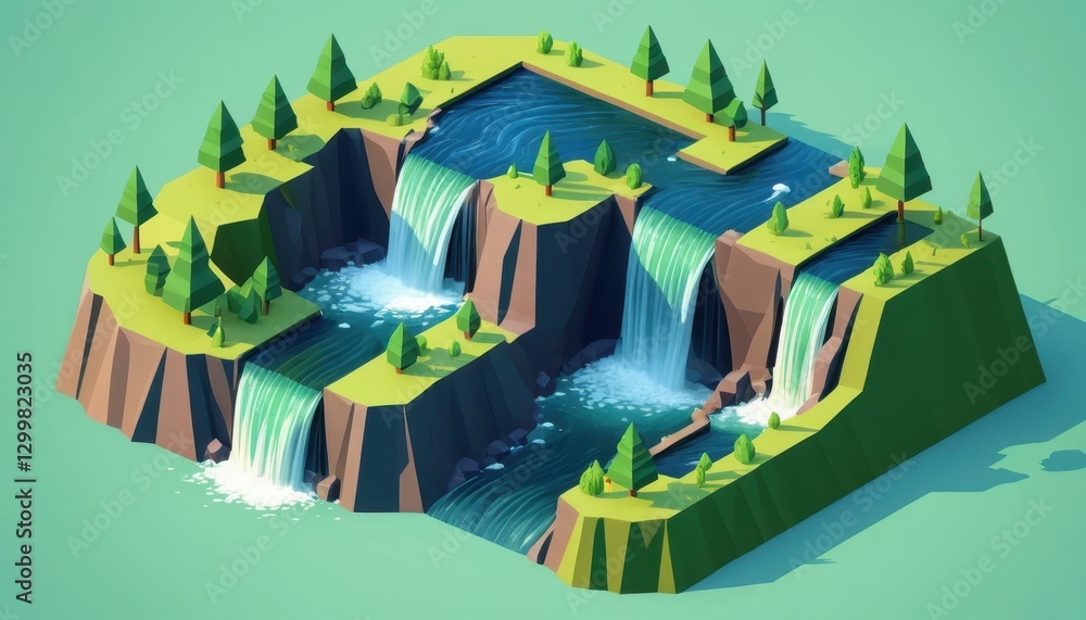 Naklejka premium Scenic 3D Illustration of Tranquil Waterfalls Surrounded by Lush Greenery and Vibrant Blue Water in a Unique Geometric Style Landscape