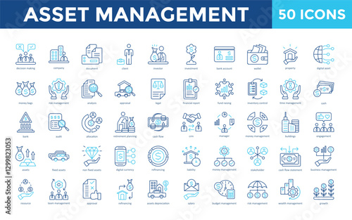Asset Management icon set with decision making, company, document, client, investor, investment, bank account, wallet, property, digital asset icon. Simple outline color vector 
