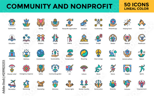 Community and Nonprofit icons set with Community, Volunteer, Giving, Charity, Nonprofit organization ,Donation, Fundraising, Philanthropy, Helping hand, Support icon. Simple lineal color vector 
