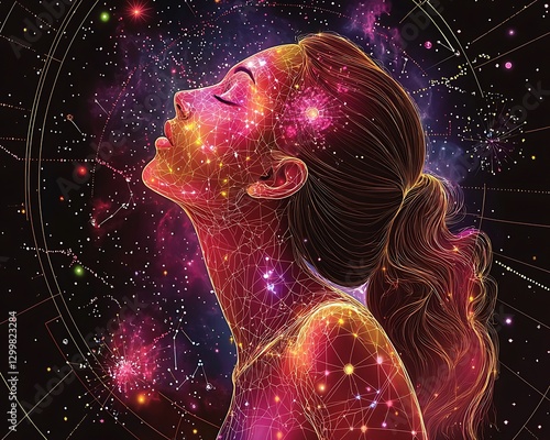 Woman gazes at cosmos starry night