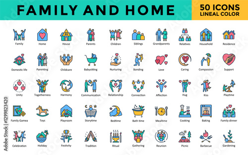 Family and Home icons set with family, home, house, parents, children, siblings, grandparents, relatives, household, residence icon. Simple lineal color vector 
