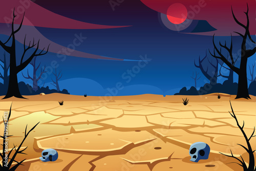 Render a desolate desert wasteland scene featuring cracked earth and the skeletal remains of a long-dead creature. Emphasize texture and harsh lighting.