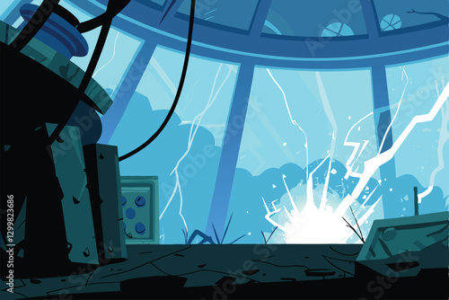 A shattered futuristic laboratory in ruins, sparks flying amidst the debris, showcasing technological devastation.