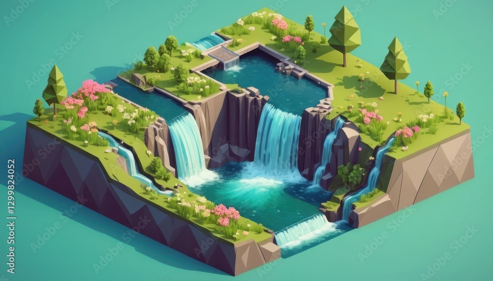 Quaint Isometric Landscape with Serene Waterfalls, Lush Greenery, Vibrant Flowers, and Tranquil Waters in a Green and Blue Color Palette Quaint Isometric Landscape with Serene Waterfalls, Lush Greenery, Vibrant Flowers, and Tranquil Waters in a Green and Blue Color Palette