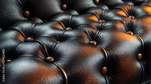 Close-up black leather upholstery texture, tufted buttons, warm lighting, luxury furniture detail, ideal for interior design photo