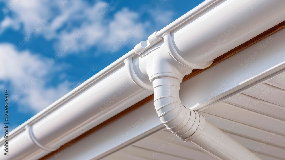 Naklejka premium White Rain Gutter System on Residential Building Against Blue Sky with Clouds Architecture