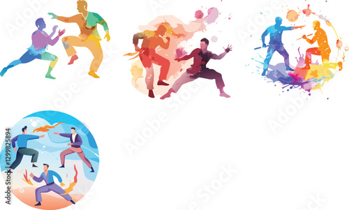 Martial arts men watercolor art design set vector on white background