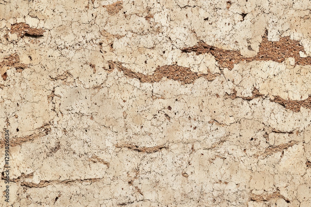 Beige wall with cracked plaster texture. Ideal for backgrounds, adding rustic or aged feel to designs.