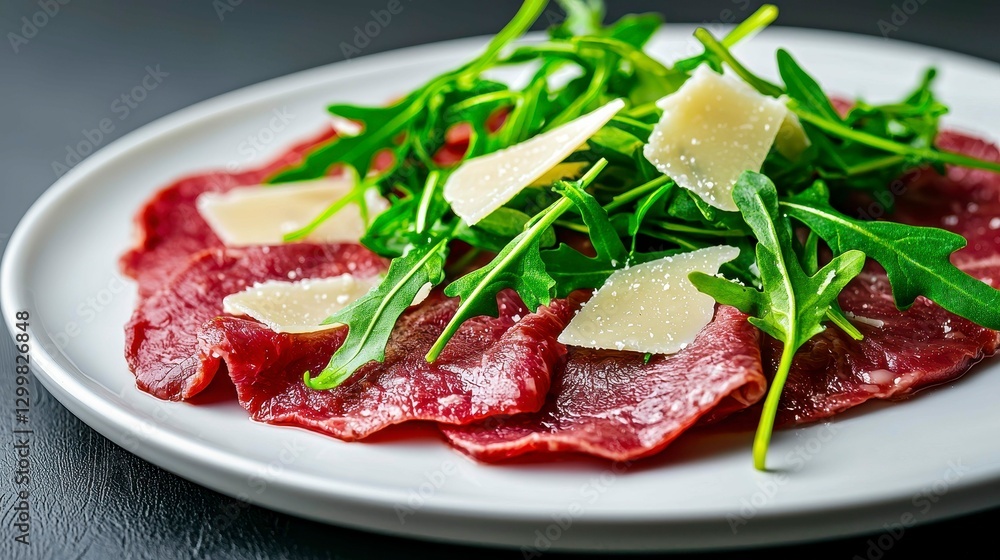 Delicious Beef Carpaccio with Parmesan Cheese and Arugula Salad on a White Plate Delicious Beef Carpaccio with Parmesan Cheese and Arugula Salad on a White Plate