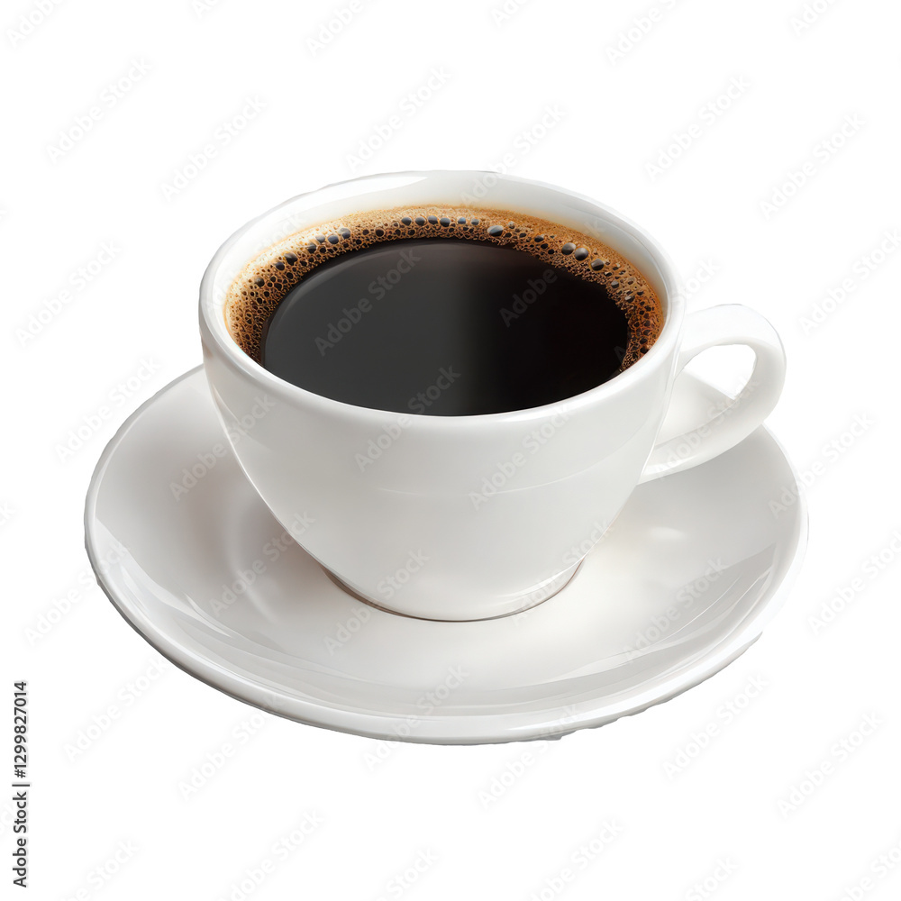 Aromatic black coffee served in white porcelain cup and saucer isolated Aromatic black coffee served in white porcelain cup and saucer isolated