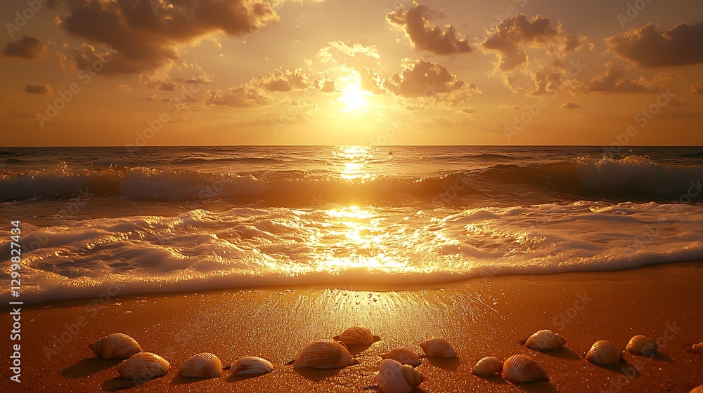 Obraz premium Golden sunset over ocean waves, seashells on beach. Vacation travel postcard