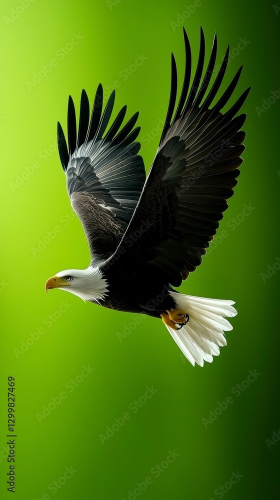 Fototapeta premium Soaring Bald Eagle Against Green Background