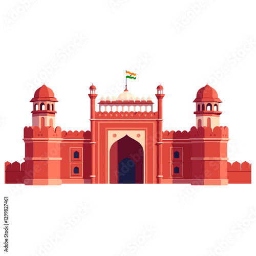Vector illustration of the iconic Red Fort in Delhi with the Indian flag, representing India's history, independence, and cultural heritage. Ideal for national events, tourism, and patriotic themes