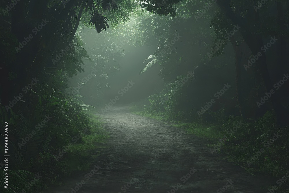 Fototapeta premium Pathway through dense jungle. Eerie fog adds mystery and depth. Use for travel, nature, or adventure