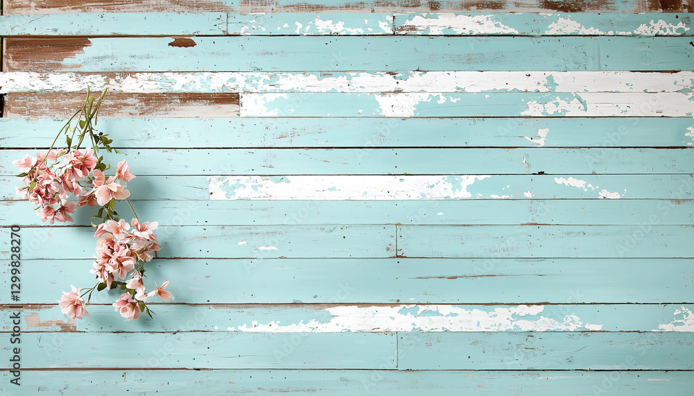 A rustic blue wooden wall with distressed paint and delicate pink flowers hanging, creating a charming, vintage aesthetic. A rustic blue wooden wall with distressed paint and delicate pink flowers hanging, creating a charming, vintage aesthetic.