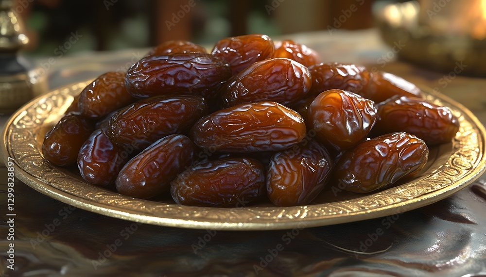 Dates Platter Still Life on Table, Dark Background Dates Platter Still Life on Table, Dark Background